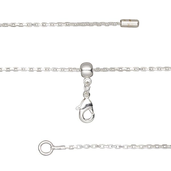 Chain, silicone and silver-plated brass, 0.9mm box, adjustable from 16 to 23-1/2 inches with lobster claw clasp and adjustable slider bead. Sold individually. image number 0