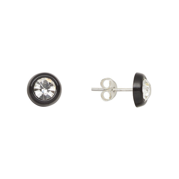 Earstud, Create Compliments®, sterling silver and crystal, black and clear, 8mm round. Sold per pair. image number 0
