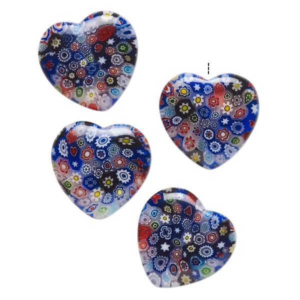 Bead, millefiori glass, translucent multicolored, 18-20mm half-drilled puffed heart with flower design. Sold per pkg of 4. image number 0