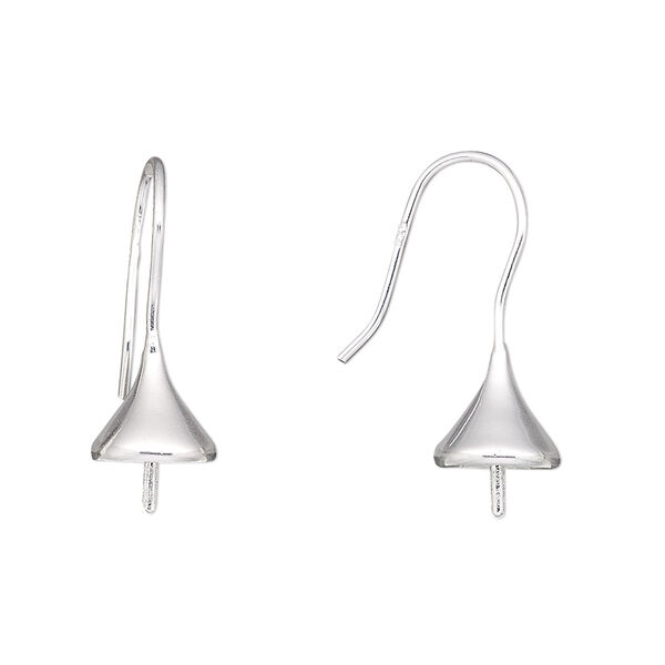 Ear wire, sterling silver, 21mm fishhook bell with 4mm peg, fits 8-10mm half-drilled bead, 20 gauge. Sold per pair. image number 0