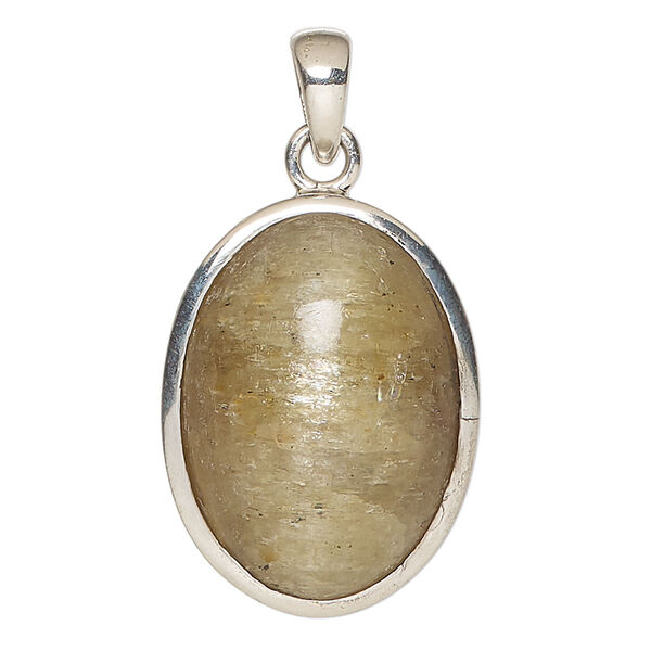 Pendant, lemon calcite (coated) and sterling silver, 29x22mm oval. Sold individually. image number 0