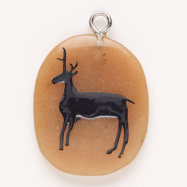 Focal, steel/red aventurine (natural)/enamel, pkg/1, silver finish and black, 30x24mm-39x27mm single-sided puffed freeform with deer, B grade. image number 0