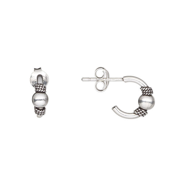 Earstud, Create Compliments®, antiqued sterling silver, 10.5mm half hoop with twisted rope and ball design. Sold per pair. image number 0