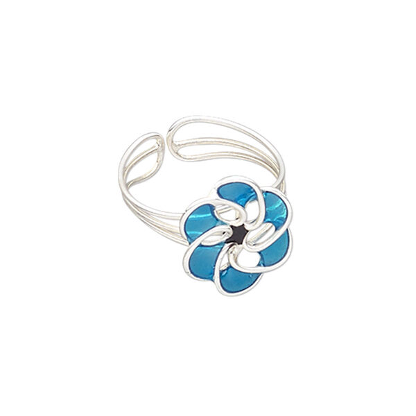 Ring, epoxy and silver-plated brass, blue and black, 14mm wide with 14x12mm flower, adjustable. Sold individually. image number 0