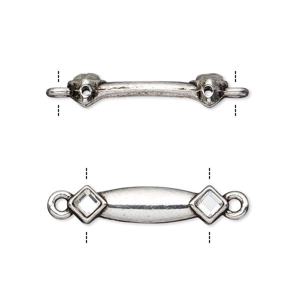 Link, glass rhinestone and antiqued silver-finished "pewter" (zinc-based alloy), clear, 24x6mm double-drilled bar with diamond design, fits up to 18mm bead. Sold per pkg of 10. image number 0