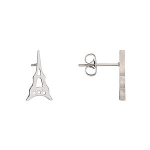 Earstud, stainless steel, silver, 15x8mm Eiffel tower. Sold per pair.