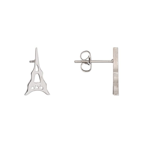 Earstud, stainless steel, silver, 15x8mm Eiffel tower. Sold per pair. image number 0