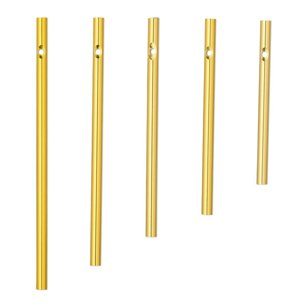 Wind chime component, anodized aluminum, gold, 3 x 1/5 to 5 x 1/5 inch solid rod with 2.5mm beveled hole. Sold per 5-piece set. image number 0
