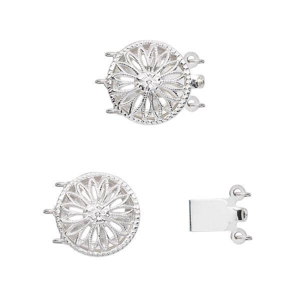 Clasp, 3-strand tab, sterling silver, 13mm filigree round. Sold individually. image number 0