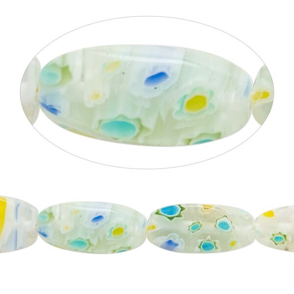 Bead, millefiori glass, translucent clear / white / multicolored, 16x8mm 4-sided twisted oval. Sold per 15-inch strand. image number 0