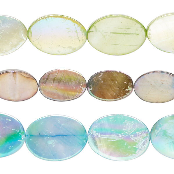 Bead mix, mother-of-pearl shell (bleached / dyed), multicolored AB, 11x8mm-16x12mm flat oval with 0.4-0.6mm hole, Mohs hardness 3-1/2. Sold per pkg of (3) 15-inch strands. image number 0