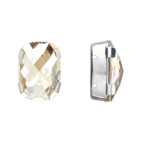 Spacer bar, crystal and silver-plated brass, Crystal Passions®, crystal golden shadow, foil back, 18x13mm double-drilled single-stone faceted rounded rectangle, 8mm between holes. Sold individually. image number 0