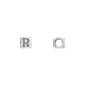 Bead, sterling silver, 5.5mm cube with alphabet letter "R." Sold individually.