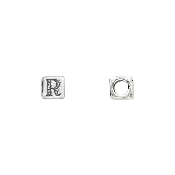 Bead, sterling silver, 5.5mm cube with alphabet letter "R." Sold individually. image number 0