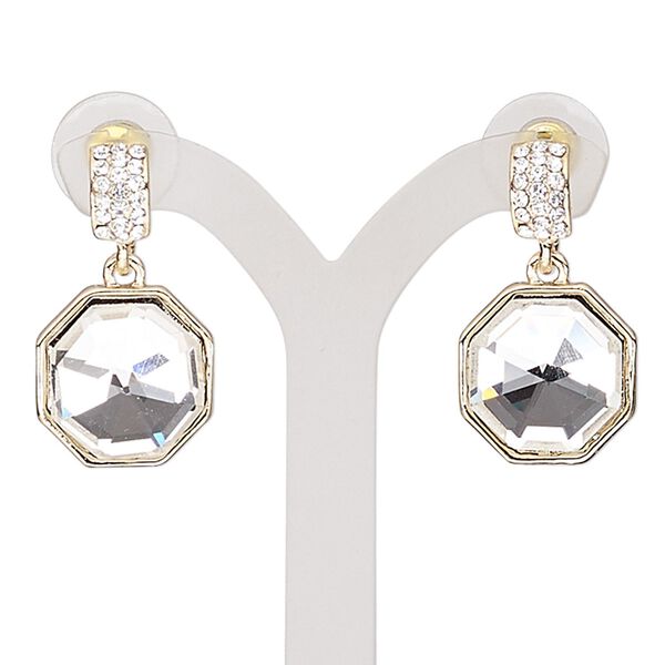 Earring, glass / glass rhinestone / stainless steel / gold-finished "pewter" (zinc-based alloy), clear, 28mm with octagon and post. Sold per pair. image number 0