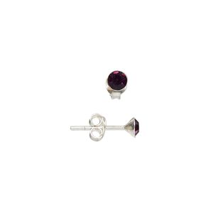 Earring 1pkg2 sterling silver, 4mm round earstud / earnuts, glass amethyst purple 1 pair