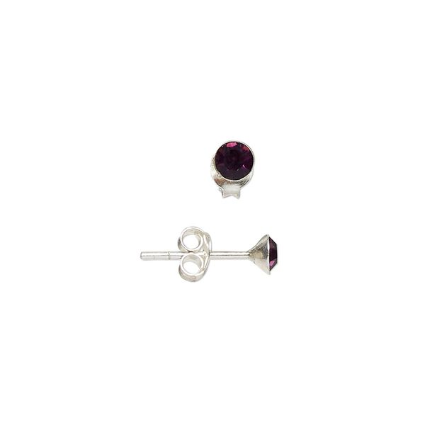 Earring 1pkg2 sterling silver, 4mm round earstud / earnuts, glass amethyst purple 1 pair image number 0