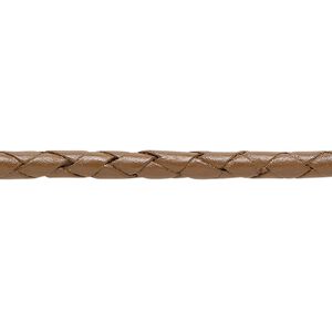 Bolo cord, leather, tan, 3.5-4.5mm round. Sold per pkg of (4) 35-inch lengths.