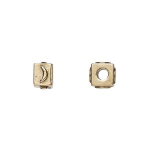Bead, antique gold-plated pewter (tin-based alloy), 8x6mm rectangle with crescent moon. Sold per pkg of 4.