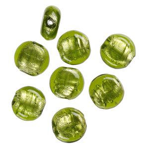 Bead, lampworked glass, opaque peridot green, 12x7mm-10x6mm flat round with silver-colored foil. Sold per pkg of 10.
