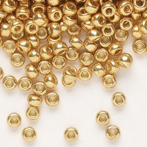 Seed bead, Miyuki, glass, pkg/250g, #6 rocaille, Duracoat® opaque galvanized gold, (RR-4202).