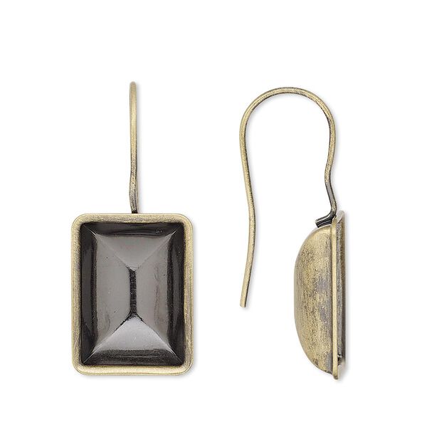 Ear wire, Almost Instant Jewelry®, antique gold-plated brass, 30x13mm fishhook with 14x10mm step-cut rectangle setting, 20 gauge. Sold per pkg of 2 pairs. image number 0