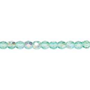 Bead, Czech fire-polished glass, light aqua AB, 4mm faceted round. Sold per pkg of 1,200 (1 mass).