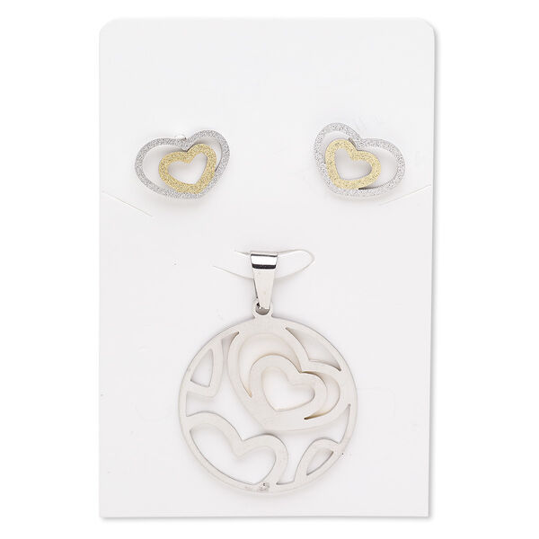 Pendant and earring, stainless steel and gold-finished stainless steel, 33mm stardust round with heart cutout design, 17x12mm stardust heart with post. Sold per set. image number 0