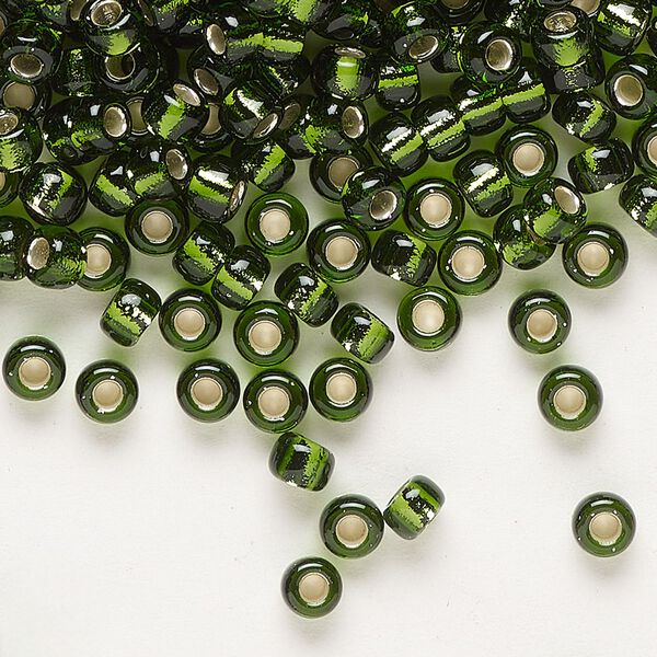 Seed bead, Miyuki, glass, pkg/25g, #6 rocaille, transparent silver-lined olive green (RR-26). image number 0