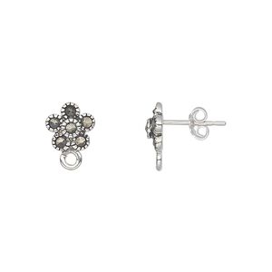 Marcasite / sterling silver 1pkg2, flower earstud / open loop / earnut natural 9x8mm