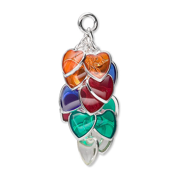 Focal, epoxy and silver-plated brass, multicolored, 32x16mm heart cluster. Sold per pkg of 4. image number 0