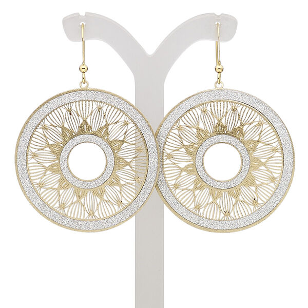 Earring, gold-finished brass, silver with glitter, 2 inches with filigree round and fishhook ear wire. Sold per pair. image number 0