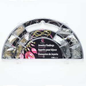 Findings assortment 1pkg158, antique silver- and gold-finished "pewter" (zinc-based alloy) / steel / stainless steel, assorted sizes and shapes.