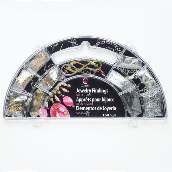 Findings assortment 1pkg158, antique silver- and gold-finished "pewter" (zinc-based alloy) / steel / stainless steel, assorted sizes and shapes. image number 0