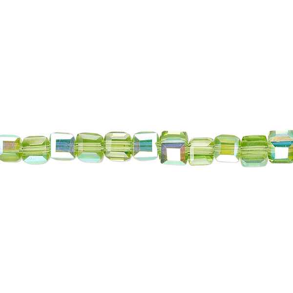Bead 1pk 18 facets translucent green AB, Celestial Crystal® 4mm cube 15.5-16 inch image number 0