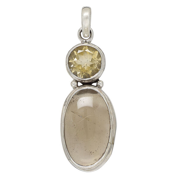 Pendant, smoky quartz (heated) / citrine (heated) / sterling silver, 48x21mm oval and round. Sold individually. image number 0