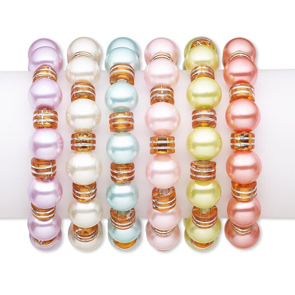 Bracelet, stretch, glass pearl and acrylic, assorted colors, round and rondelle, 7 inches. Sold per pkg of 6. image number 0