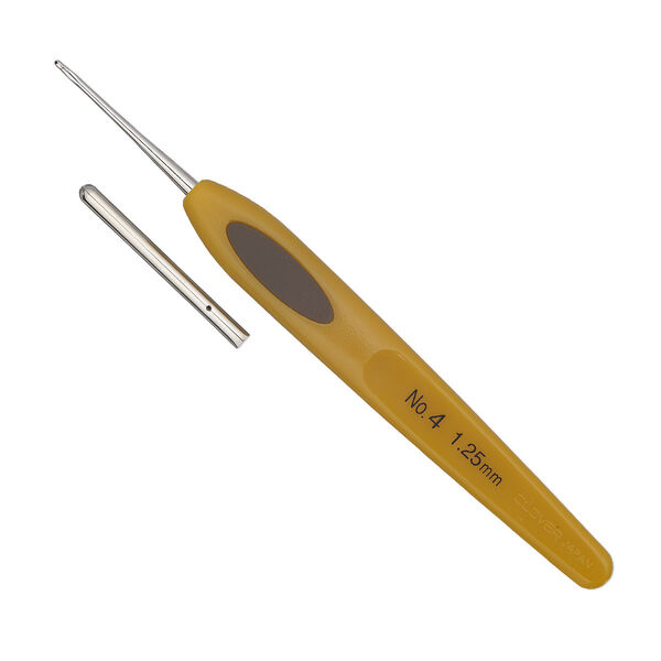 Crochet hook, Clover, steel and resin, 5 inches with #4/1.25mm hook, fits thread size 18-30 and dead-soft wire gauge 30-26. Sold individually. image number 0
