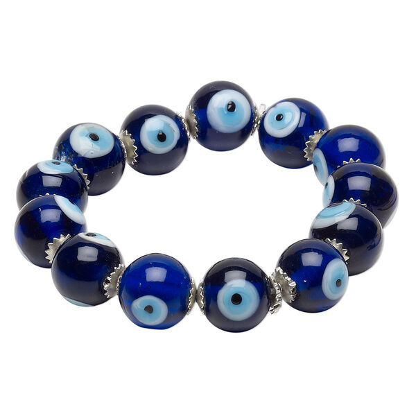 Bracelet, stretch, glass and silver-finished steel, multicolored, 14mm round with wards off the evil eye design, 6 inches. Sold individually. image number 0