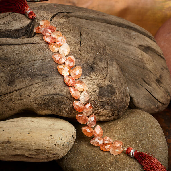 Bead sunstone 1pk diagonally drilled hand-cut faceted 10x7mm-12x8mm teardrop, natural B+ grade 6 inch image number 2