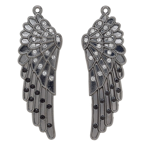 Focal, glass rhinestone and gunmetal-finished "pewter" (zinc-based alloy), clear and black, 62x21mm left- and right-facing wing. Sold per pkg of 2. image number 0