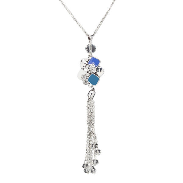 Necklace, glass rhinestone / enamel / glass / silver-plated steel / "pewter" (zinc-based alloy), multicolored, 5-inch dangle with freeform, 32 inches with 2-inch extender chain and lobster claw clasp. Sold individually. image number 0