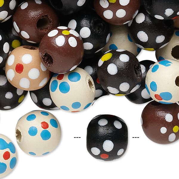 Bead mix, painted wood, mixed colors, 10-11mm irregular round with flower design. Sold per 400-gram pkg, approximately 1,500 beads. image number 0