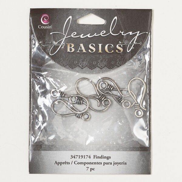 Clasp, hook, antique silver-finished "pewter" (zinc-based alloy), 24x11mm. Sold per pkg of 7. image number 0