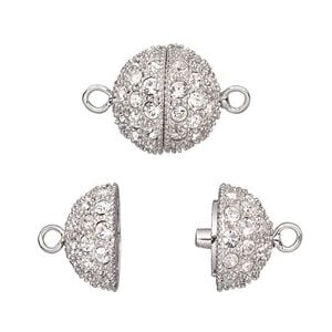 Clasp magnetic 1pkg1 rhodium-plated, 15mm textured round, brass / clear crystal 1-strand