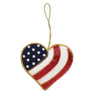 Ornament, gold-finished copper / velveteen / plastic, red / white / blue, 3-4/5 x 3-1/2 inch single-sided heart with stars and stripes design and glass beads. Sold individually.