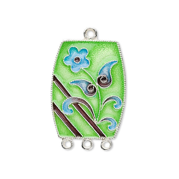 Focal, sterling silver with cloisonné, green with blue flower, 30x18mm rectangle with 3-loops. Sold individually. image number 0