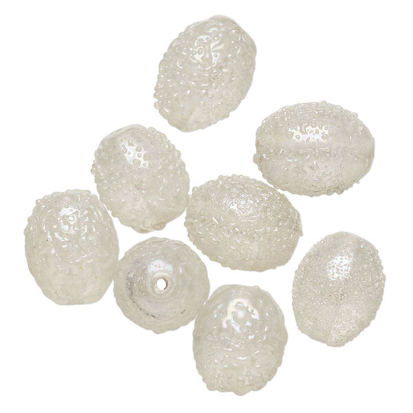 Bead, lampworked glass, translucent clear AB, 15x12mm textured oval. Sold per pkg of 8. image number 0