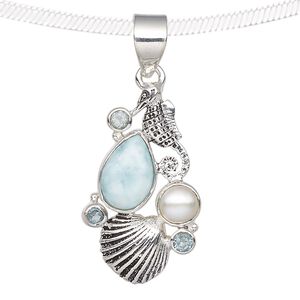Pendant, larimar (natural) / sky blue topaz (irradiated) / cultured freshwater pearl (bleached) / antiqued sterling silver, 30x17mm with seahorse / shell / teardrop. Sold individually.