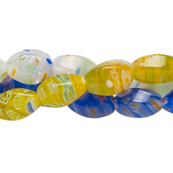Bead, millefiori glass, translucent multicolored, 11x7mm-12x8mm 6-sided twisted oval. Sold per pkg of (3) 14-inch strands. image number 0